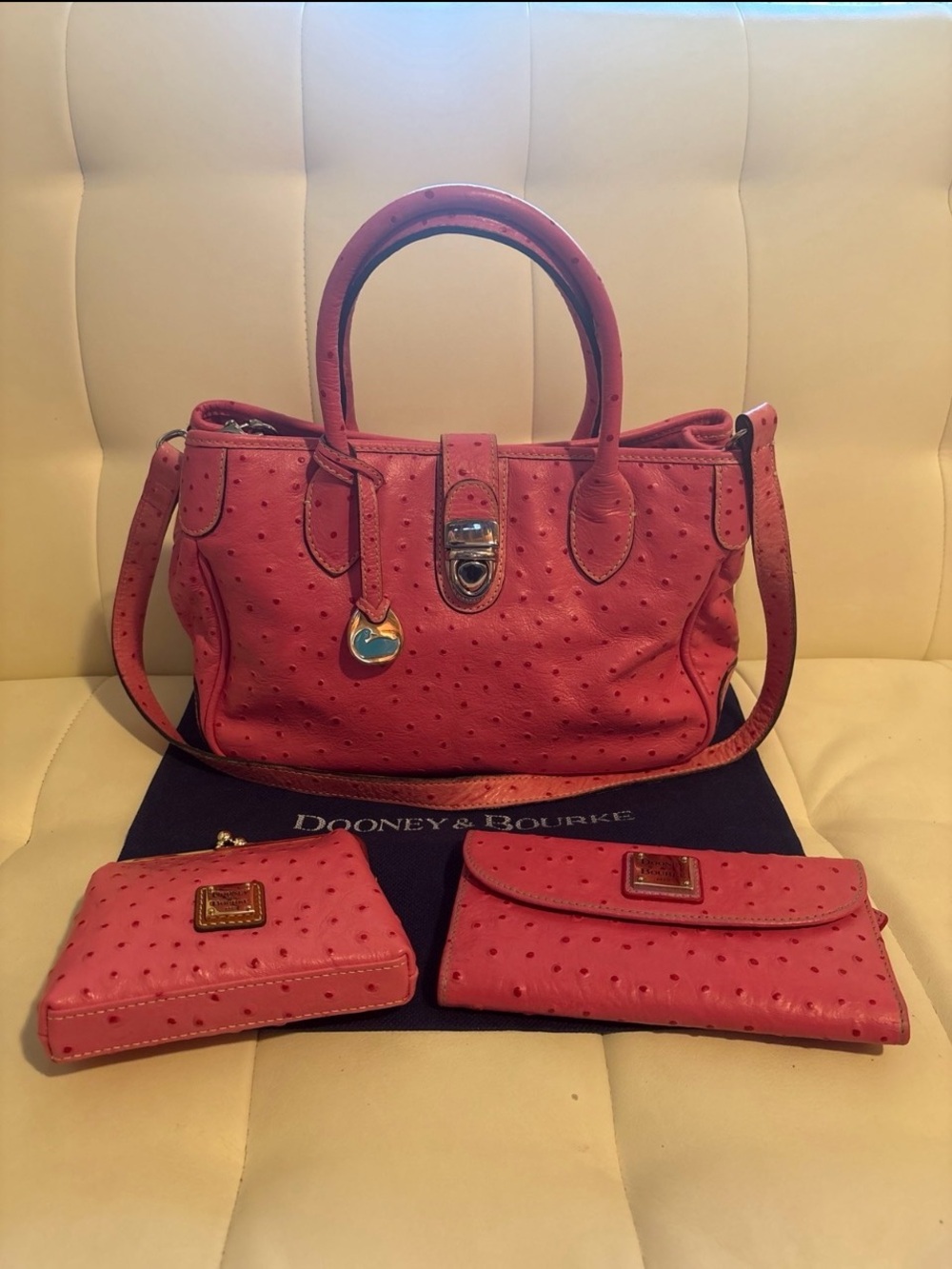 “Dooney & Bourke” Coral Ostrich Satchel, Cont. Wallet & Kiss-Lock Pouch Set